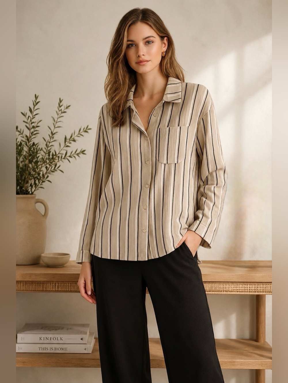 Adrianna Papell - Beige and Black Striped Button-Down Shirt
